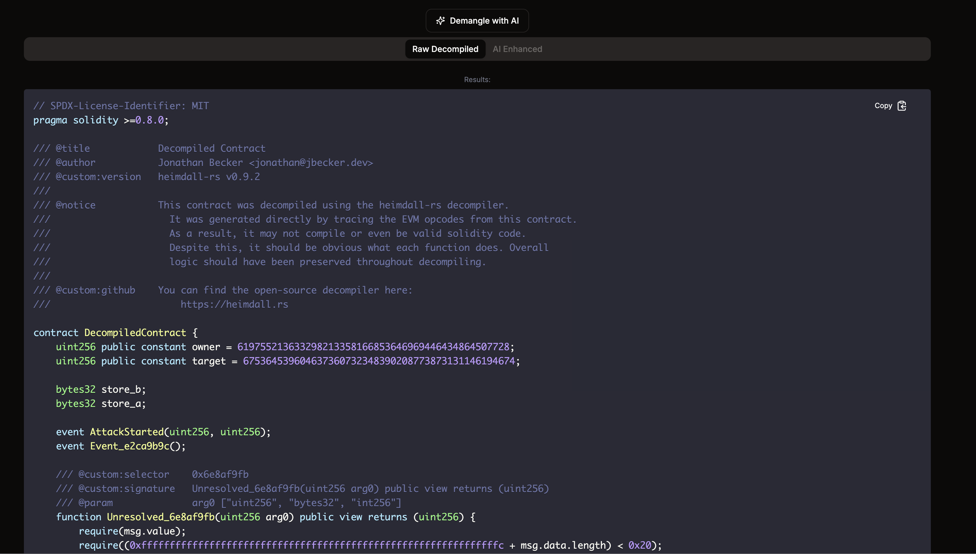 Raw decompiled output